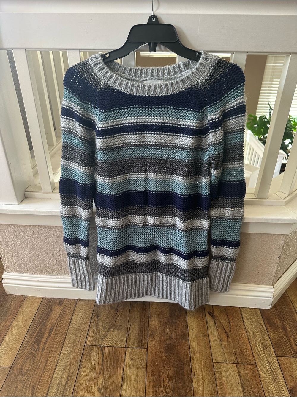 Between You and Me Striped Knit Long Sweater - Gray, Navy & Teal. Size Small
